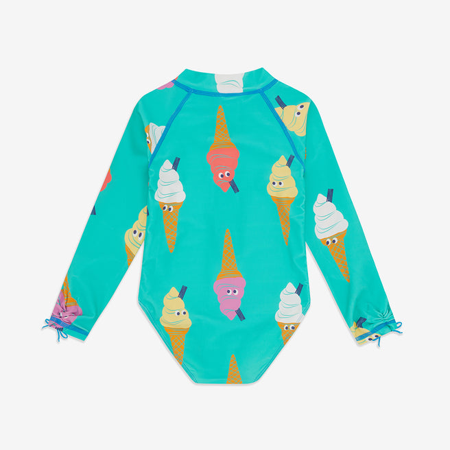 UV Protective Long Sleeve Swimsuit Green Ice Cream, a child's swimsuit patterned with ice cream cones on a green background.